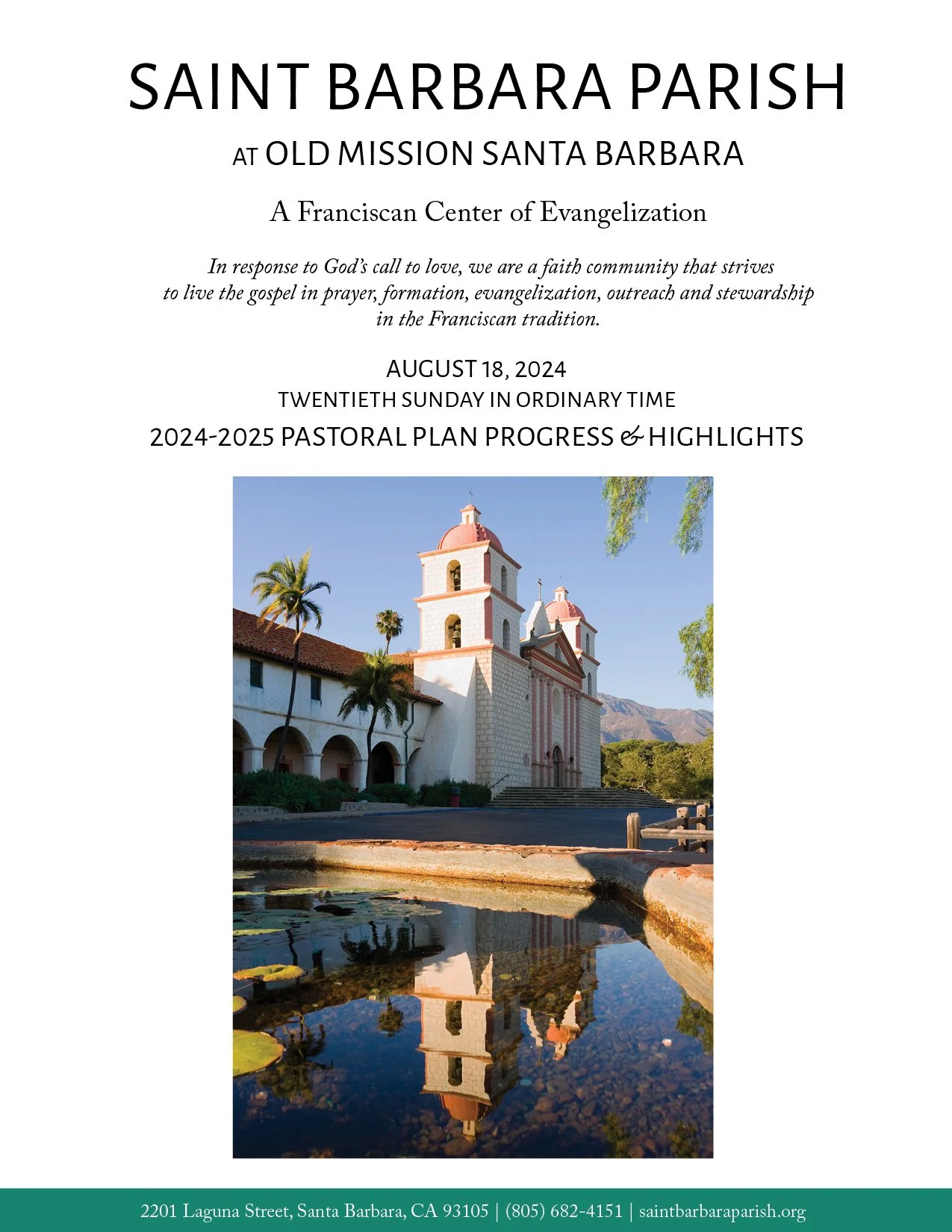 Mission Santa Barbara historic stone church facade with twin bell towers under a clear sky in August 2024
